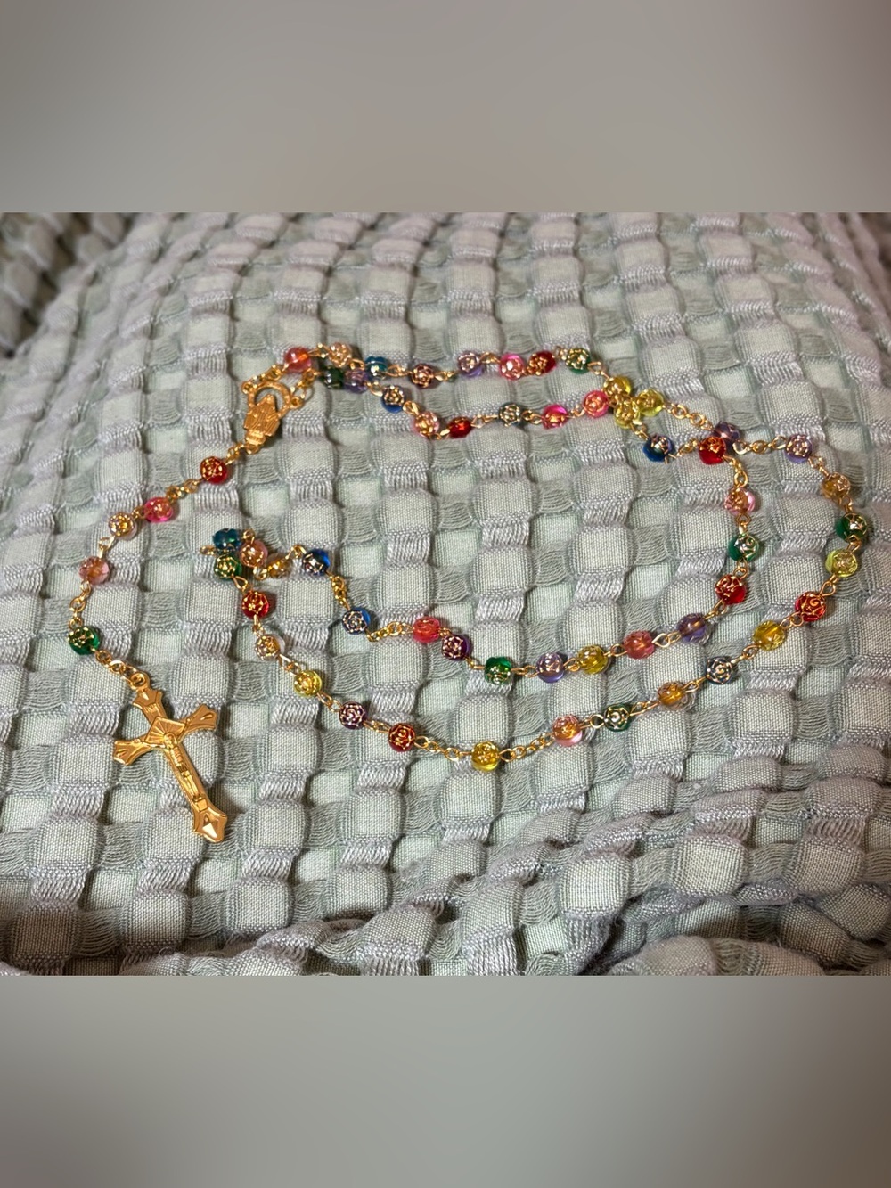 Gold-Tone Multicolor Rosary Necklace with Cross Pendant